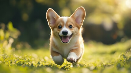 Aufkleber - Happy little Pembroke Welsh Corgi puppy bounding through a green clearing, full of energy and happiness.