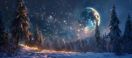 Poster - Enchanting Winter Forest Under a Starry Sky with a Giant Moon.