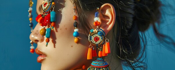 Wall Mural - Bold statement earrings featuring animal motifs and colorful beads, 4K hyperrealistic photo