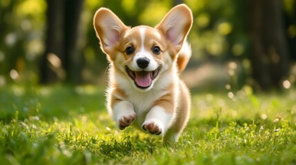 Aufkleber - Happy little Pembroke Welsh Corgi puppy bounding through a green clearing, full of energy and happiness.