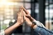 © JordaanExams/peopleimages.com - Hands, staff and group for high five in workplace, motivation and solidarity in team building. Business people, collaboration and community for teamwork planning, together and support in mission