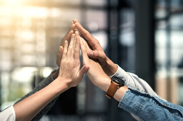 Poster - Hands, staff and group for high five in workplace, motivation and solidarity in team building. Business people, collaboration and community for teamwork planning, together and support in mission