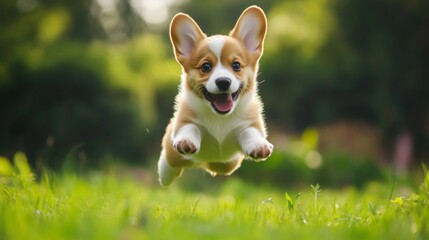 Aufkleber - Happy little Pembroke Welsh Corgi puppy jumping in a green clearing, mid-air with ears perked up.