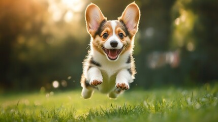 Aufkleber - Happy little Pembroke Welsh Corgi puppy jumping in a green clearing, mid-air with ears perked up.