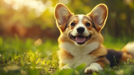 Poster - Happy little Pembroke Welsh Corgi puppy lying down in a green clearing, smiling contentedly.