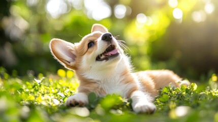 Aufkleber - Happy little Pembroke Welsh Corgi puppy lying on its belly in a green clearing, looking up happily.