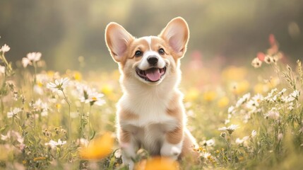 Poster - Happy little Pembroke Welsh Corgi puppy sitting among wildflowers in a green clearing, looking delighted.