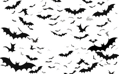 Wall Mural - Black silhouette of bats isolated on transparent background. Halloween traditional design element. Vector illustration