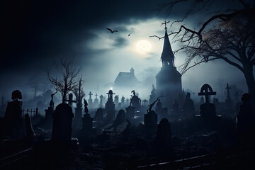 Sticker - AI generated image of a mysterious dark cemetery at halloween night