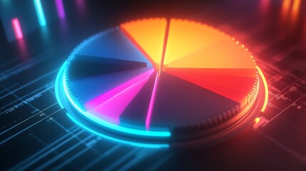 Poster - luminous 3d financial pie chart with glowing segments, presenting data visually.