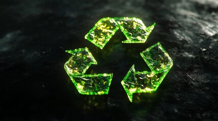 Luminous 3D recycling symbol with green elements on a black background, emphasizing eco-consciousness.