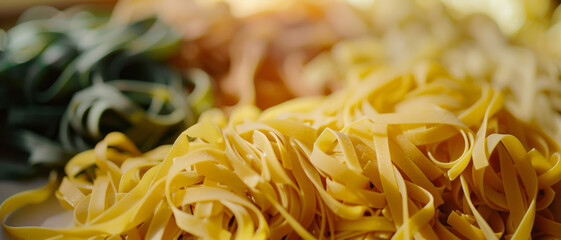 A neat array of fresh fettuccine pasta, showcasing their golden hues and inviting textures in a close-up shot, highlighting the richness of handmade pasta.