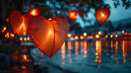 Canvas Print - Heart shaped lanterns floating in the night sky serene romantic concept with copy space