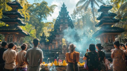 Visitors participate in a serene ritual at a Balinese temple surrounded by lush greenery