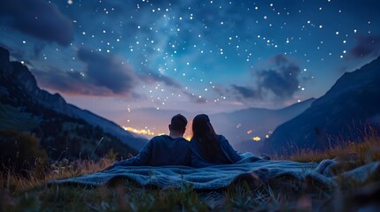 Wall Mural - Romantic Stargazing Experience in the Peaceful Countryside Landscape with Couple Lying on Blanket