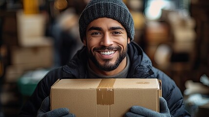 Canvas Print - Attractive smiling male delivery man wearing black workwear and grey gloves holding up a cardboard box.