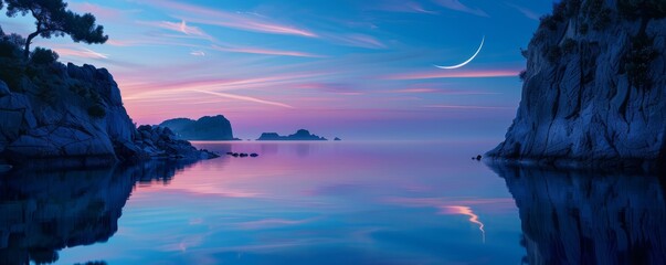 Sticker - Tranquil cove at dusk with a crescent moon reflected in the water, 4K hyperrealistic photo