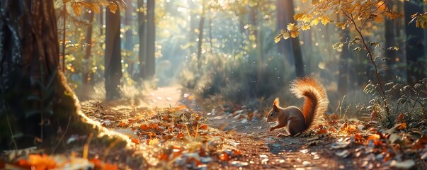 Wall Mural - Sun-dappled forest path with a squirrel gathering nuts for the winter, 4K hyperrealistic photo