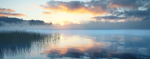 Wall Mural - Serene lake with fog at sunrise, 4K hyperrealistic photo