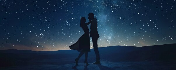 Romantic couple dancing under a starry night sky, 4K hyperrealistic photo