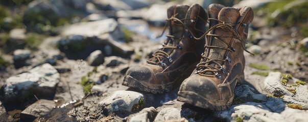 Wall Mural - Pair of hiking boots with laces tied, 4K hyperrealistic photo