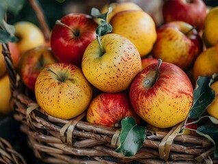 Poster - Vibrant Autumn Fruit Harvest Colorful Apples Piled in Rustic Wicker Basket