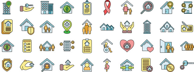 Poster - social housing icons set outline vector. home work. stay care thin line color flat on white
