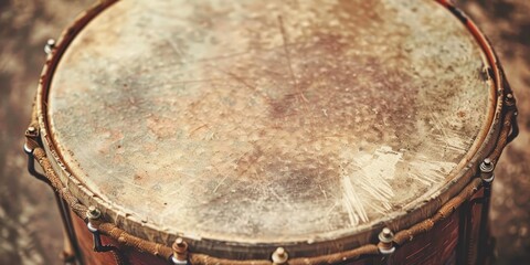 Close up of worn, brown drumhead.