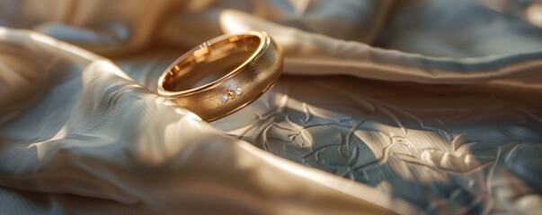 Wall Mural - Gold wedding ring on a satin pillow, 4K hyperrealistic photo