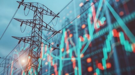 Dynamic energy stock market graph in accordion style with electric power line backdrop