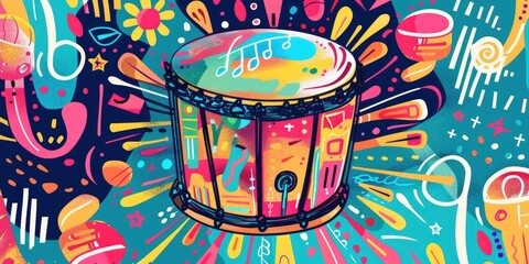 Sticker - Colorful abstract art with drum in center.