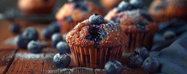 Wall Mural - Freshly baked muffins with blueberries, 4K hyperrealistic photo