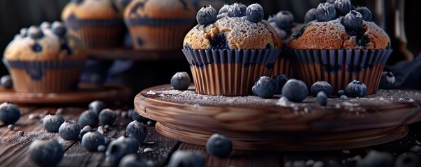 Wall Mural - Freshly baked blueberry muffins, 4K hyperrealistic photo