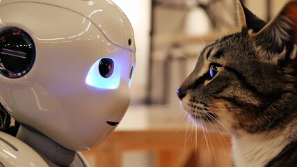 Canvas Print - Curious interaction between robot and cat