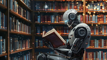 Robot Reading Book Library Knowledge Education Artificial Intelligence Technology Concept