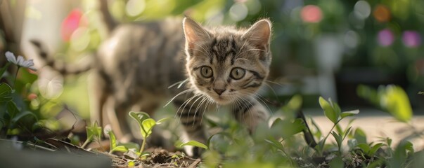 Wall Mural - Curious Manx cat with a bobtail exploring a garden, 4K hyperrealistic photo