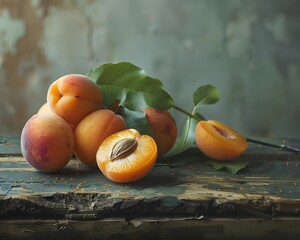 Wall Mural - Freshly Picked Apricots on Rustic Wooden Surface with Ample Copy Space