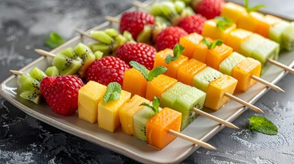 Assorted Fresh Fruit Skewers Arranged on a Platter Focus on Fruit Concept