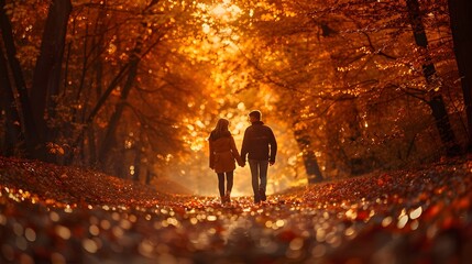 Poster - Couple Strolling Hand in Hand Through Autumn Forest with Vibrant Foliage