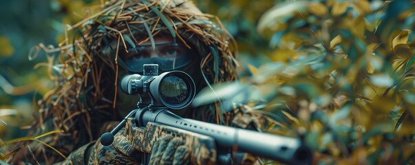 Sticker - Camouflaged sniper patiently observing the battlefield through a scope, 4K hyperrealistic photo