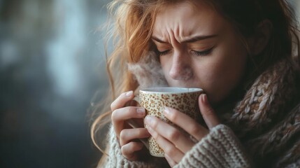 A sick woman drinking hot drink 