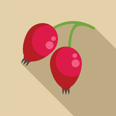 Sticker - Two red rose hips are hanging on a branch with long shadow on a light brown background