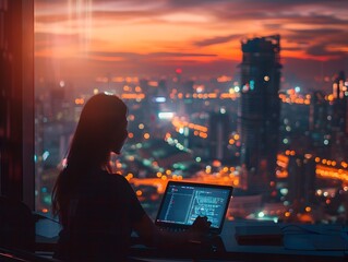 Poster - dedicated businesswoman working late at office with city lights in the background