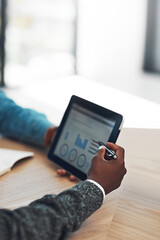 Poster - Business people, hands and statistics with tablet screen in meeting for data analysis, company growth or performance at office. Closeup of employees with technology for information, review or graphs