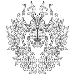 Wall Mural - Beetle and flowers hand drawn for adult coloring book