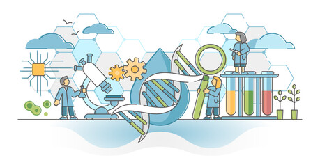 Biotechnology or biotech DNA research as genetic science outline concept, transparent background. Biology and chemistry experiments using gene technology in laboratory illustration.