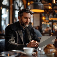 Poster - focused business professional working productively in a stylish coffee shop