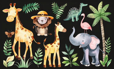 Poster - Cute Watercolor Safari Animals Set.