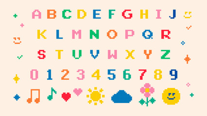 Poster - pixel alphabet letters and number. funny naive design elements. childish font set in pixel art. mood