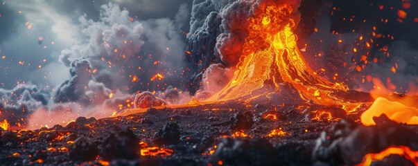 Volcano erupting with lava flow, 4K hyperrealistic photo